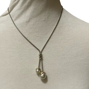 Brighton Silver Tone Lariat Necklace White Faux Pearl Y Drop Adjustable